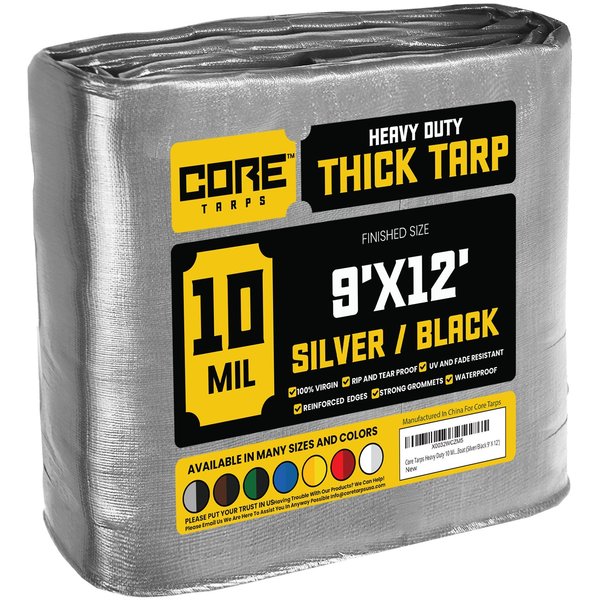 Core Tarps 12 ft L x 0.5 mm H x 9 ft W Heavy Duty 10 Mil Tarp, Silver/Black, Polyethylene CT-601-9X12